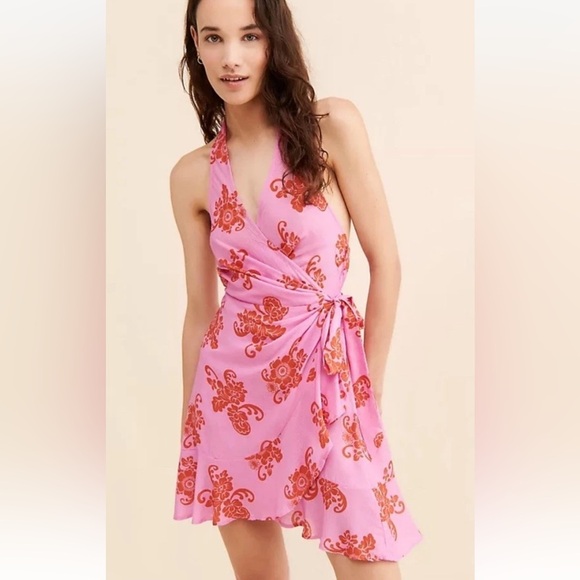 By Anthropologie Halter Neck Ruffle Wrap Mini Dress/Cover Up XXS Pink Floral - Picture 2 of 16